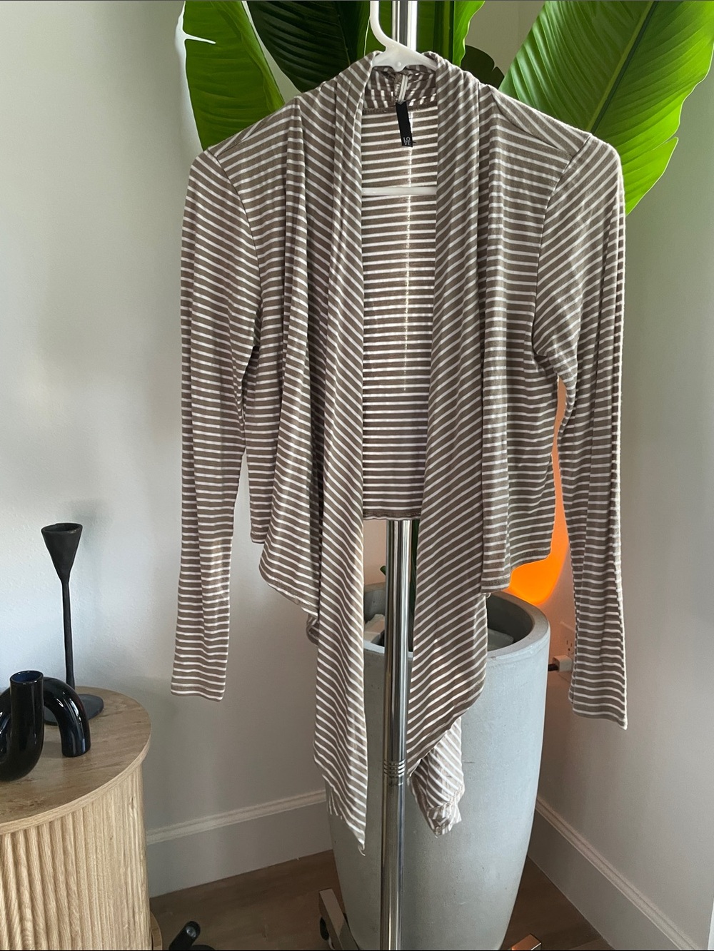Love Culture Taupe and White Striped Draped Open Cardigan
